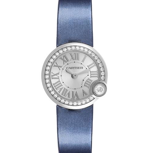 The Cartier Ballon Blanc W4BL0002 Women's Stainless Steel Silver Dial W4BL0002 Women's Stainless Steel Silver Dial watch is shown from the front, highlighting its face, Roman numerals, diamond bezel, and blue strap.