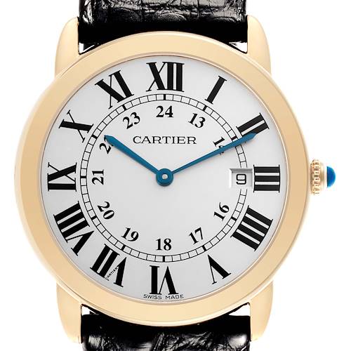 The Cartier Ronde W6700455 Men's Steel and Gold (two tone) Silver Dial W6700455 Men's Steel and Gold (two tone) Silver Dial watch is shown from the front, displaying its face, Roman numerals, and crown with a blue cabochon.