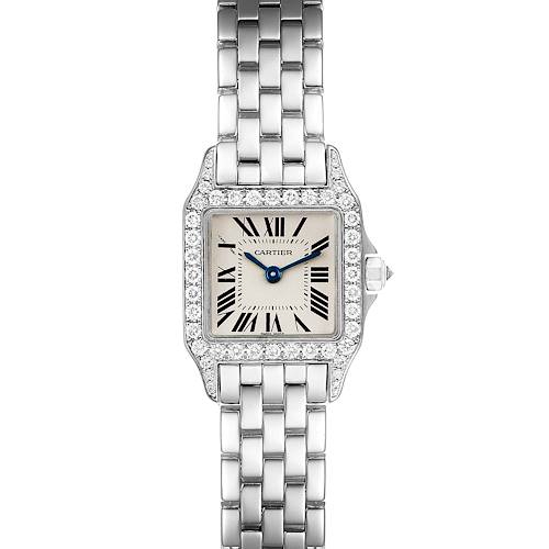 The image shows a front view of the Cartier Santos Demoiselle WF9005Y8 Women's White Gold Silver Dial WF9005Y8 Women's White Gold Silver Dial watch, highlighting its square face, Roman numerals, and metal bracelet.