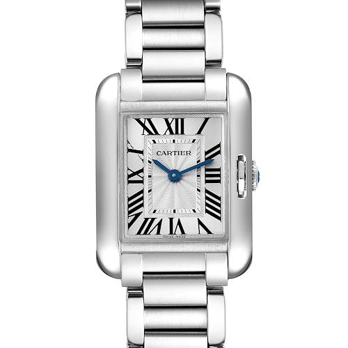 The image shows a front view of the Cartier Tank Anglaise W5310022 Women's Stainless Steel Silver Dial W5310022 Women's Stainless Steel Silver Dial watch, displaying its rectangular face, bracelet, and crown.