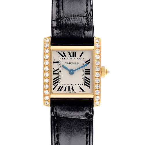 The Cartier Tank Francaise WE100151 Women's Yellow Gold Silver Dial WE100151 Women's Yellow Gold Silver Dial watch is shown from the front, highlighting its diamond-set bezel and black leather strap.