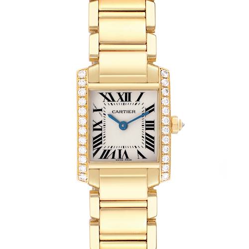 The Cartier Tank Francaise WE1001R8 Women's Yellow Gold Silver Dial WE1001R8 Women's Yellow Gold Silver Dial watch is shown from the front, highlighting its rectangular case, bracelet, and diamond-set bezel.