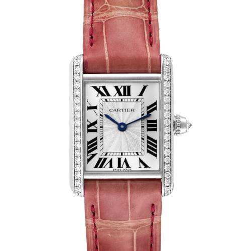 The image shows the front view of the Cartier Tank Louis WJTA0011 Women's White Gold Silver Dial WJTA0011 Women's White Gold Silver Dial model watch, featuring a rectangular dial and a pink leather strap.