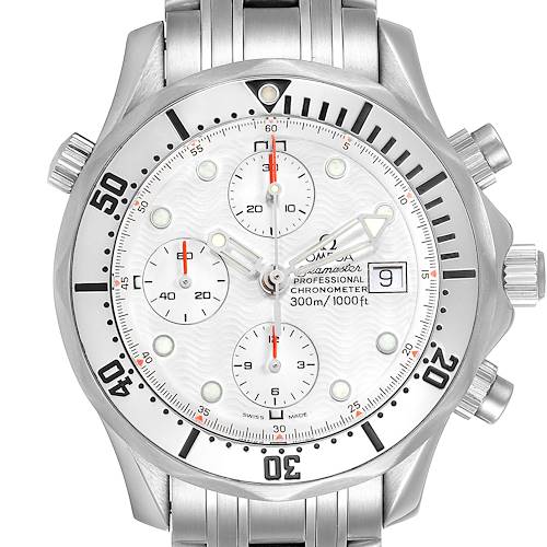 This image shows a front view of the Omega Seamaster 2598.20.00 Men's Stainless Steel White Dial 2598.20.00 Men's Stainless Steel White Dial watch, highlighting its dial, bezel, and chronograph sub-dials.