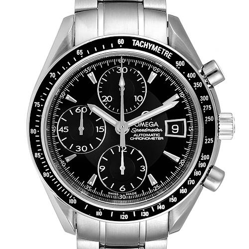 The image shows a front view of the Omega Speedmaster 3210.50.00 Men's Stainless Steel Black Dial 3210.50.00 Men's Stainless Steel Black Dial watch, highlighting the dial, tachymeter bezel, and subdials.