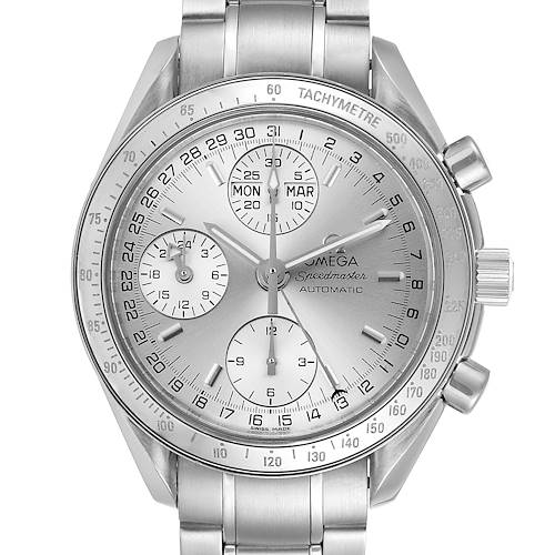 This image shows the front view of an Omega Speedmaster 3523.30.00 Men's Stainless Steel Silver Dial 3523.30.00 Men's Stainless Steel Silver Dial watch, highlighting the dial, subdials, tachymeter, and part of the stainless steel bracelet.