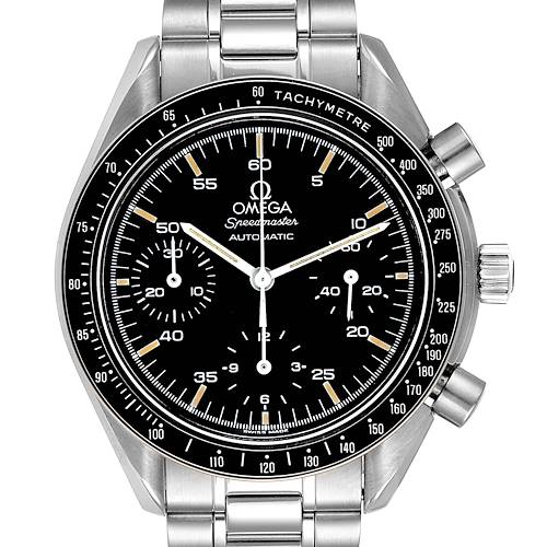 The image shows a front view of the Omega Speedmaster 3510.50.00 Men's Stainless Steel Black Dial 3510.50.00 Men's Stainless Steel Black Dial, highlighting the watch face, bezel, chronograph subdials, and metal bracelet.