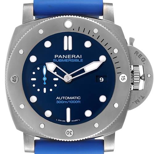 The image shows a front view of the Panerai Submersible PAM00692 Men's Titanium Blue Dial PAM00692 Men's Titanium Blue Dial watch, displaying its blue dial, bezel, crown guard, and rubber strap.