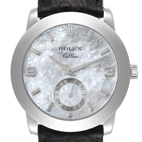 The image shows a close-up, front view of a Rolex Cellini 5240 Men's Platinum Mother of Pearl Dial 5240 Men's Platinum Mother of Pearl Dial watch, highlighting its dial, hands, crown, and leather strap.