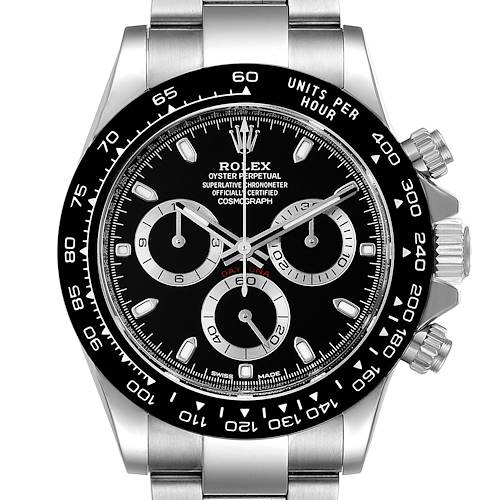 The image shows a front view of a Rolex Daytona 116500 Men's Stainless Steel Black Dial 116500 Men's Stainless Steel Black Dial watch, highlighting its bezel, dial, subdials, and part of the bracelet.
