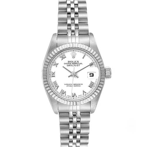 This image shows a frontal view of the Rolex Datejust 69174 Women's Stainless Steel White Dial 69174 Women's Stainless Steel White Dial watch, featuring its dial, bezel, and bracelet.
