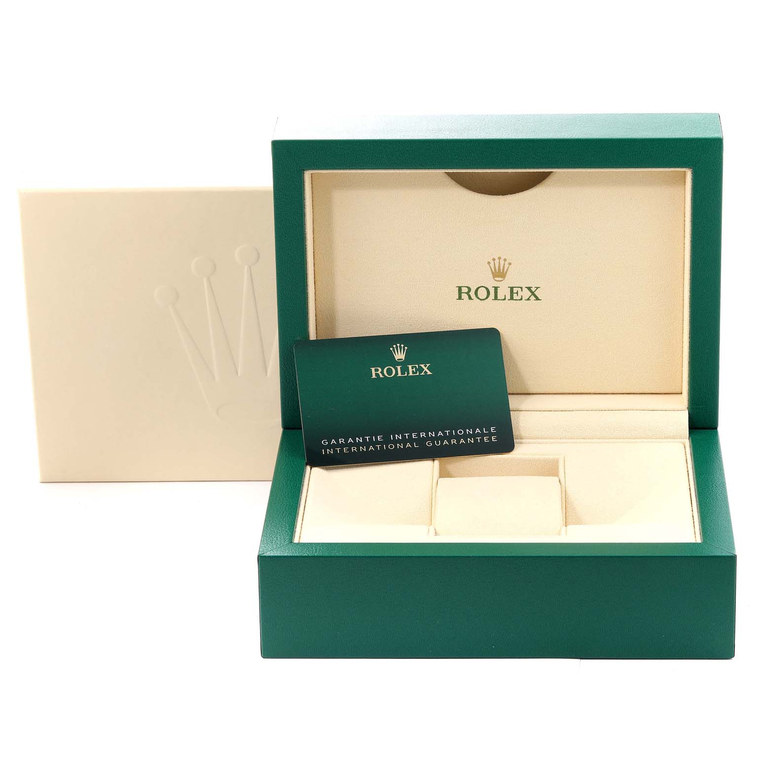 The image shows the open box and guarantee card for a Rolex Datejust 41 126300 Men's Stainless Steel Blue Dial 126300 Men's Stainless Steel Blue Dial watch.