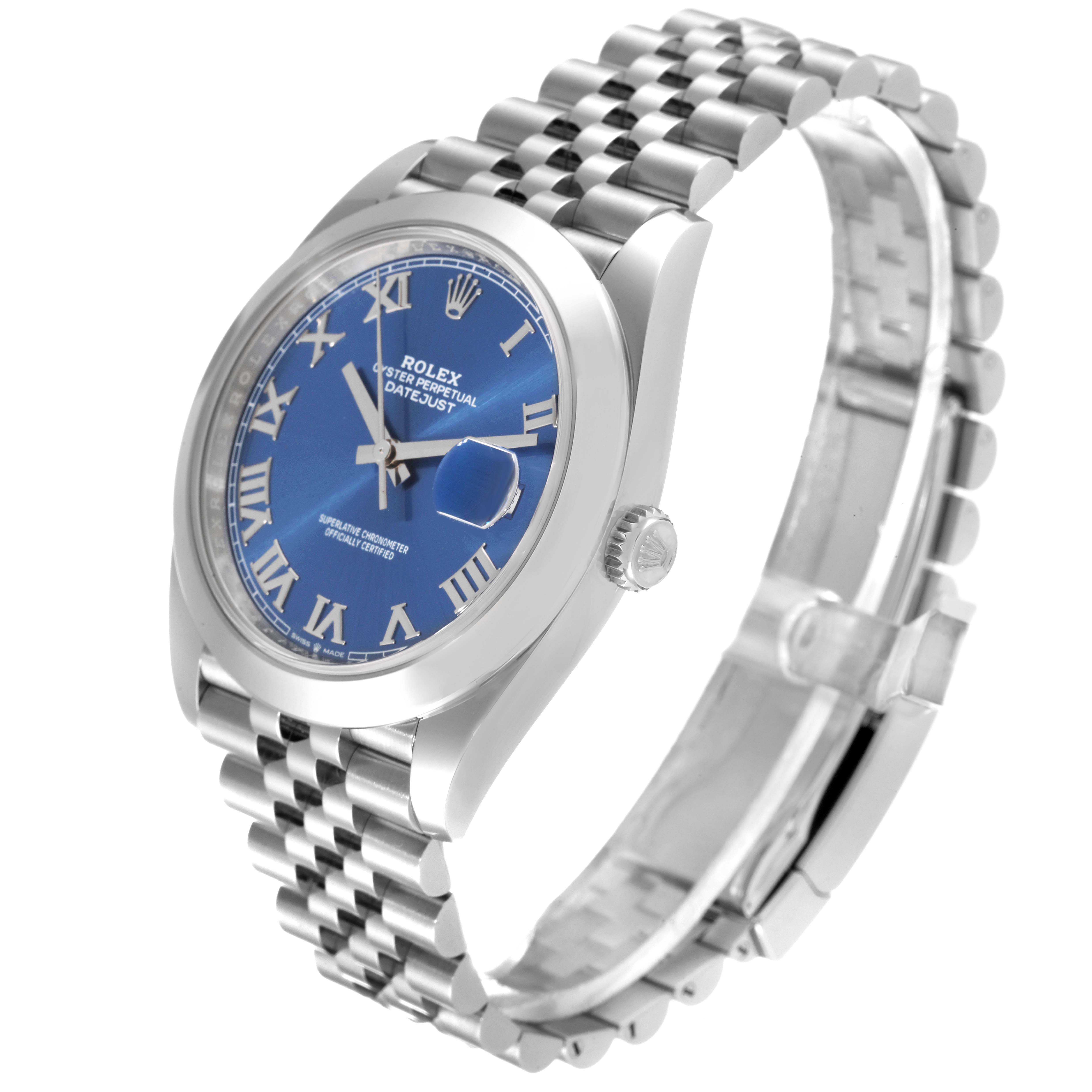This image shows a Rolex Datejust 41 126300 Men's Stainless Steel Blue Dial 126300 Men's Stainless Steel Blue Dial watch from a front-side angle, highlighting its blue dial and Jubilee bracelet.
