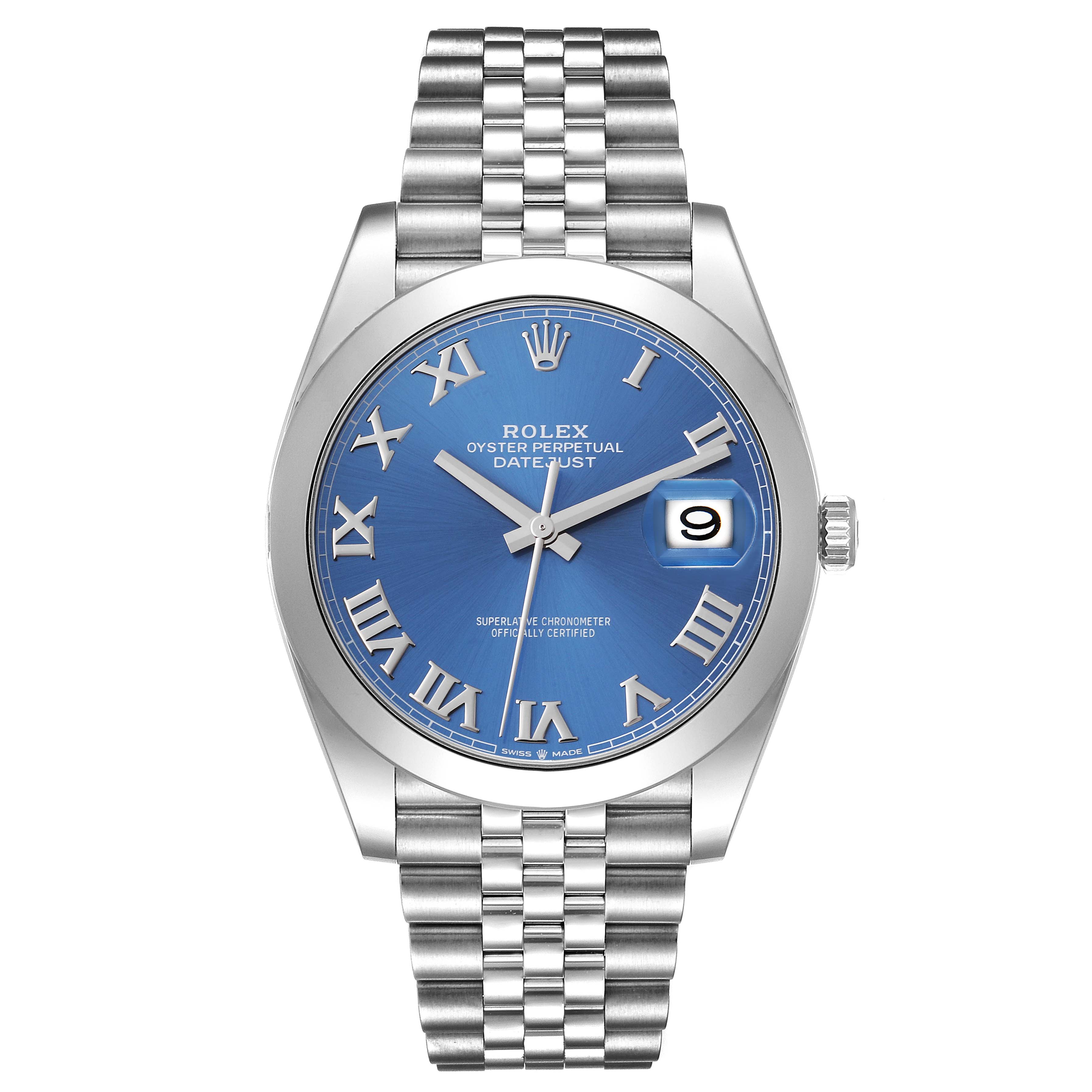 This image shows a front view of a Rolex Datejust 41 126300 Men's Stainless Steel Blue Dial 126300 Men's Stainless Steel Blue Dial watch with a blue dial and Roman numerals.