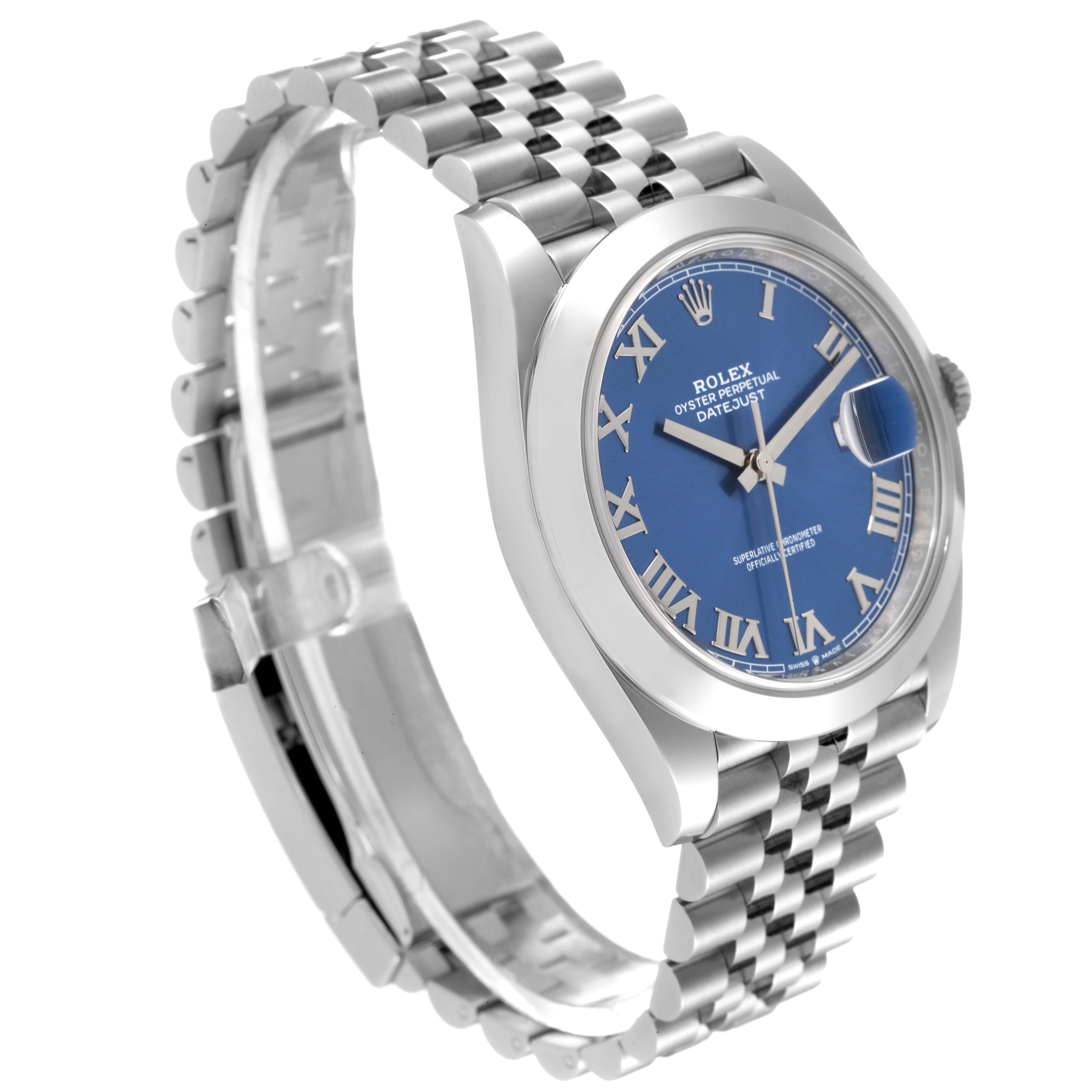 The image shows a Rolex Datejust 41 126300 Men's Stainless Steel Blue Dial 126300 Men's Stainless Steel Blue Dial watch at an angled view, featuring the blue dial, case, and partially extended bracelet.