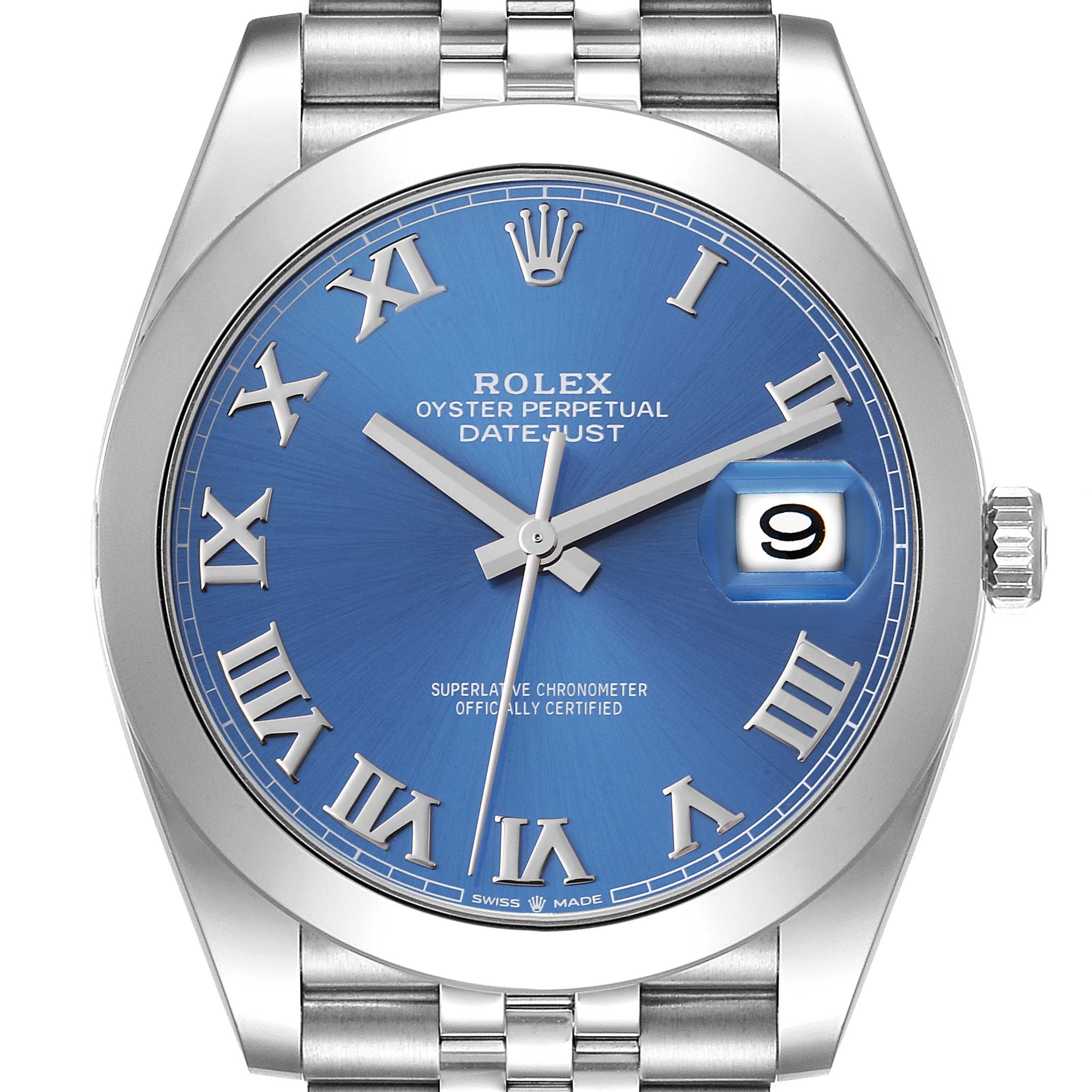 This image shows the front view of a Rolex Datejust 41 126300 Men's Stainless Steel Blue Dial 126300 Men's Stainless Steel Blue Dial watch, highlighting its blue dial, Roman numerals, date window, and stainless steel bracelet.