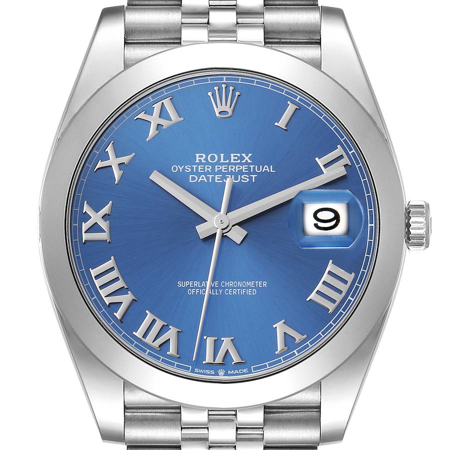 This image shows the front view of a Rolex Datejust 41 126300 Men's Stainless Steel Blue Dial 126300 Men's Stainless Steel Blue Dial watch, highlighting its blue dial, Roman numerals, date window, and stainless steel bracelet.
