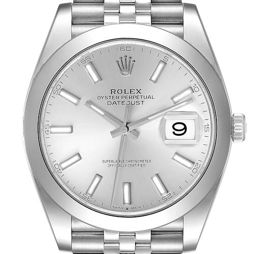 This image shows the face and bracelet of a Rolex Datejust 41 126300 Men's Stainless Steel Silver Dial 126300 Men's Stainless Steel Silver Dial, highlighting its dial, markers, date window, and crown.