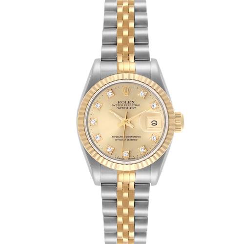 The Rolex Datejust 69173 Women's Steel and Gold (two tone) Champagne Dial 69173 Women's Steel and Gold (two tone) Champagne Dial watch is shown from a front angle, highlighting the dial, bezel, crown, and bracelet.