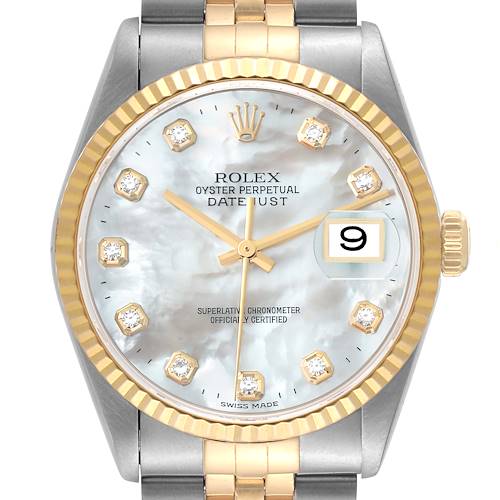 The image shows a front view of the Rolex Datejust 16233 Men's Steel and Gold (two tone) Mother of Pearl Dial 16233 Men's Steel and Gold (two tone) Mother of Pearl Dial watch, highlighting its dial, bezel, hands, crown, and part of the bracelet.