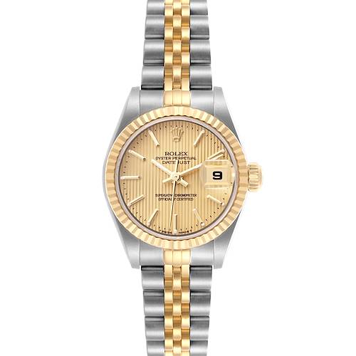 The Rolex Datejust 79173 Women's Steel and Gold (two tone) Champagne Dial 79173 Women's Steel and Gold (two tone) Champagne Dial watch is shown from a front angle, highlighting the dial, hands, bezel, and bracelet.