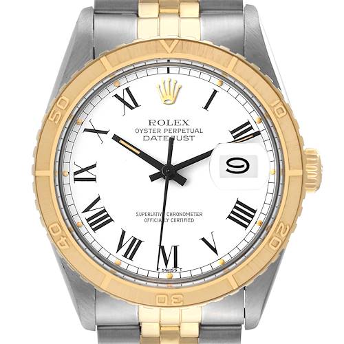 The image shows a frontal view of the Rolex Vintage Collection 16253 Men's Steel and Gold (two tone) White Dial 16253 Men's Steel and Gold (two tone) White Dial Datejust watch, highlighting its face, bezel, and part of the bracelet.