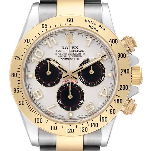 The image shows a frontal view of a Rolex Daytona 116523 Men's Steel and Gold (two tone) Silver Dial 116523 Men's Steel and Gold (two tone) Silver Dial watch, highlighting its dial, bezel, and chronograph subdials.