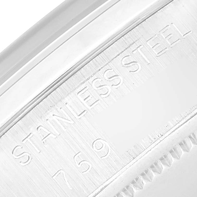 Close-up image of the stainless steel case back engraving on a Rolex Date 6694 Men's Stainless Steel Blue Dial 6694 Men's Stainless Steel Blue Dial model watch.