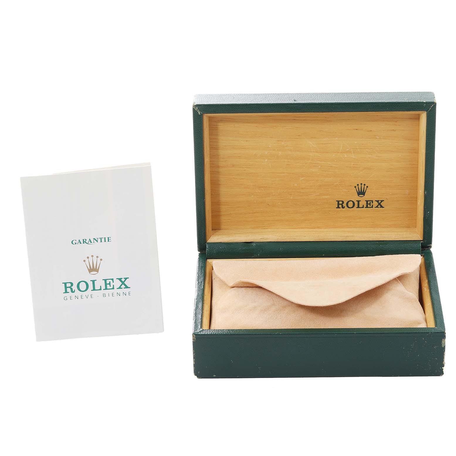 The image shows an open Rolex Date 6694 Men's Stainless Steel Blue Dial 6694 Men's Stainless Steel Blue Dial model box and a warranty certificate.