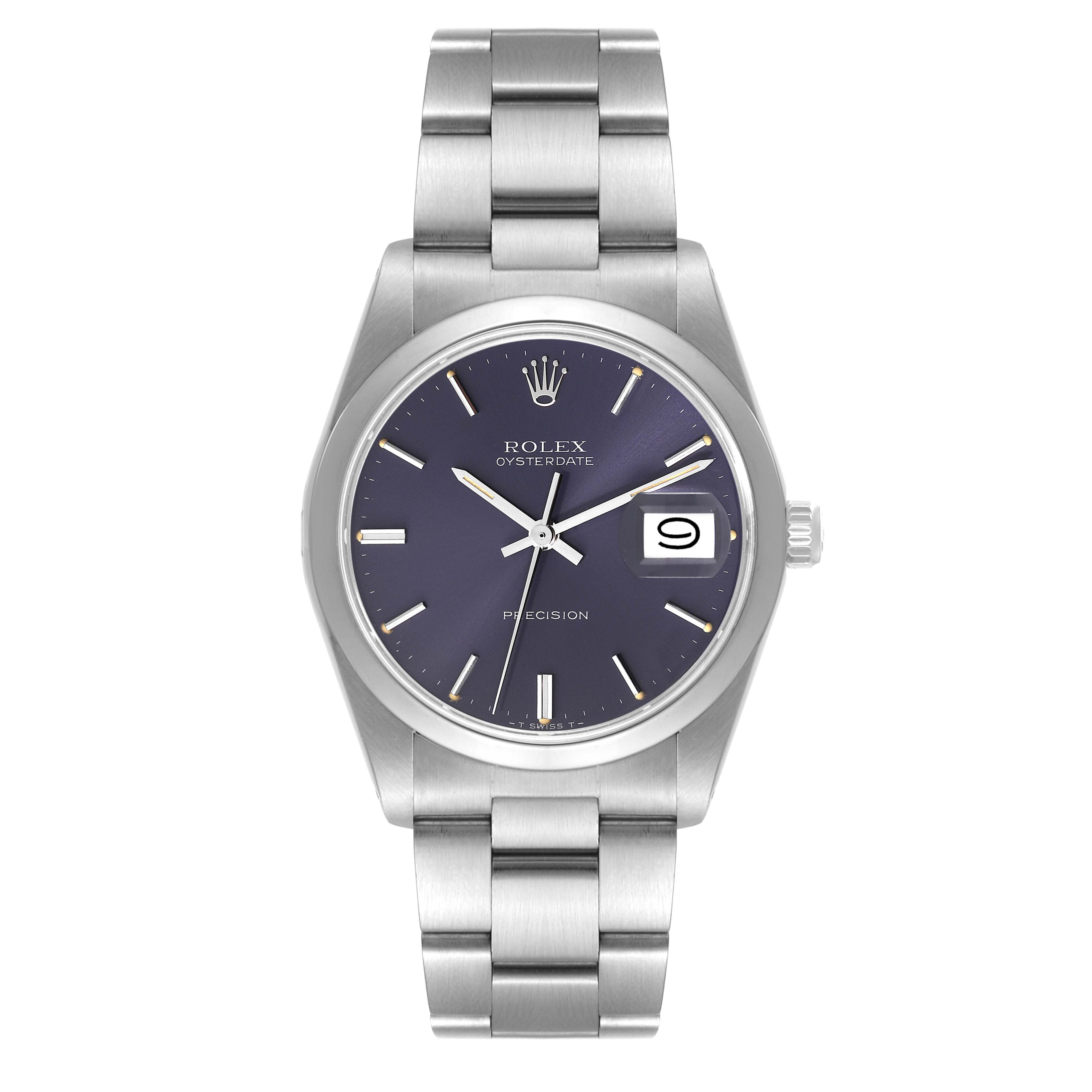 The Rolex Date 6694 Men's Stainless Steel Blue Dial 6694 Men's Stainless Steel Blue Dial model watch is shown from a top-down angle, displaying the face, bezel, bracelet, and date window at 3 o'clock.