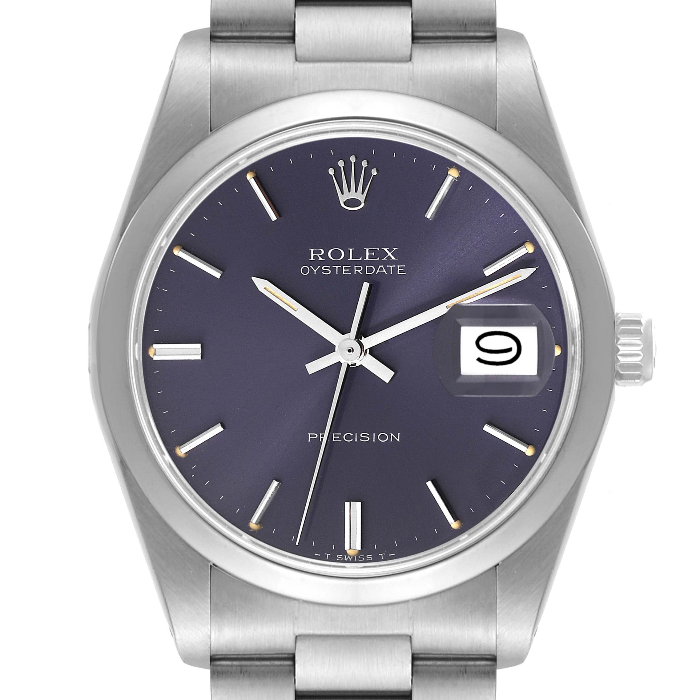 The image shows a close-up, front view of a Rolex Date 6694 Men's Stainless Steel Blue Dial 6694 Men's Stainless Steel Blue Dial model watch, highlighting its face, dial, hands, and crown.