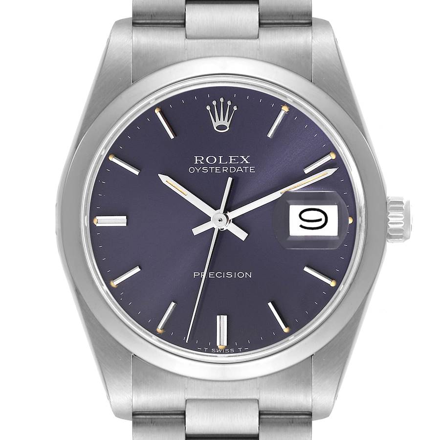 The image shows a close-up, front view of a Rolex Date 6694 Men's Stainless Steel Blue Dial 6694 Men's Stainless Steel Blue Dial model watch, highlighting its face, dial, hands, and crown.