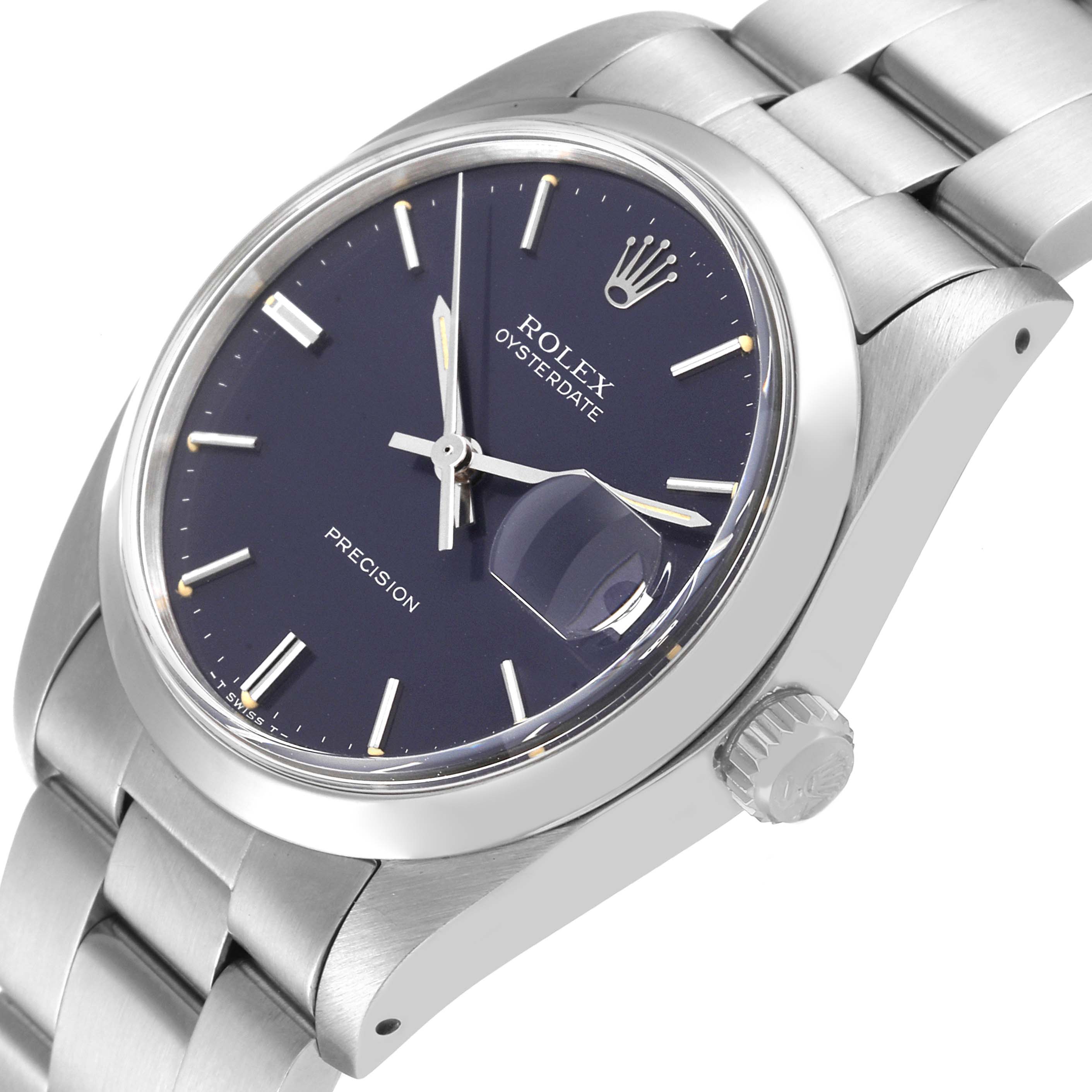 The image shows a Rolex Oysterdate Precision watch at an angled view, highlighting the dial, crown, and bracelet.