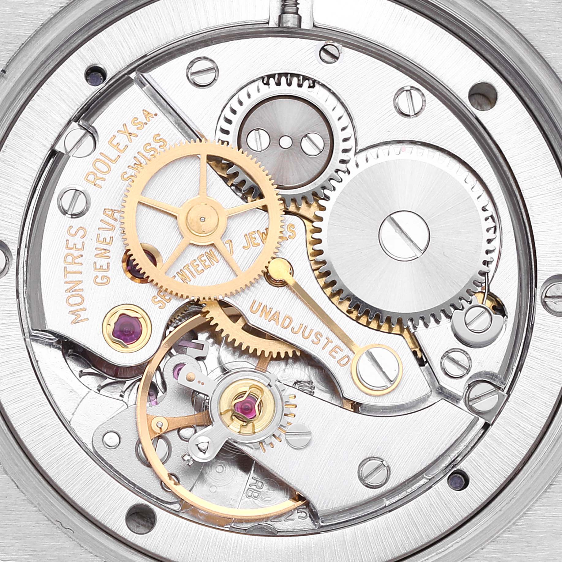 This image shows the intricate back movement mechanism of a Rolex Date 6694 Men's Stainless Steel Blue Dial 6694 Men's Stainless Steel Blue Dial model watch.