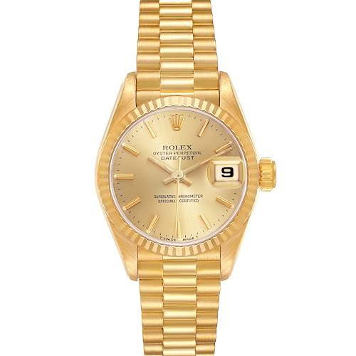 The Rolex President 69178 Women's Yellow Gold Champagne Dial 69178 Women's Yellow Gold Champagne Dial watch is shown from a top-down angle, highlighting the gold dial, fluted bezel, and President bracelet.