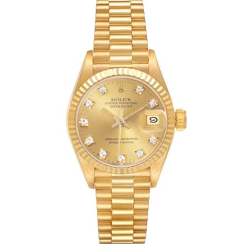 The Rolex President 69178 Women's Yellow Gold Champagne Dial 69178 Women's Yellow Gold Champagne Dial model is shown from a top-down angle, highlighting its gold dial, diamond markers, and bracelet.