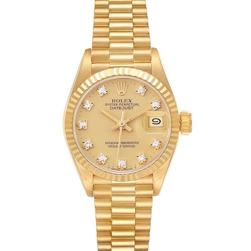 The Rolex President 69178 Women's Yellow Gold Champagne Dial 69178 Women's Yellow Gold Champagne Dial model watch is shown from the front, displaying its dial, bezel, bracelet, and crown.