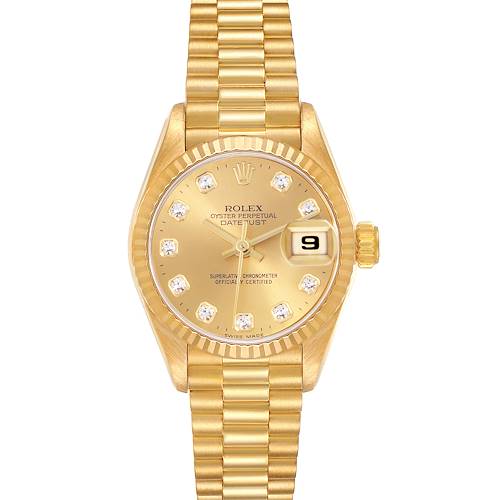 The Rolex President 69178 Women's Yellow Gold Champagne Dial 69178 Women's Yellow Gold Champagne Dial model watch is shown in a frontal angle, displaying its gold bracelet, bezel, dial, and date feature.
