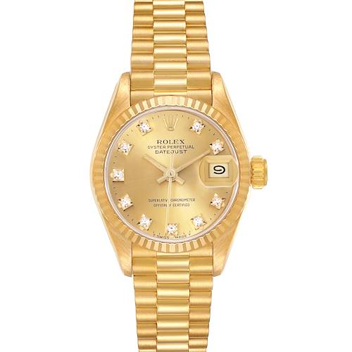 The Rolex President 69178 Women's Yellow Gold Champagne Dial 69178 Women's Yellow Gold Champagne Dial model watch is shown from the front, displaying its gold dial, diamond hour markers, date window, and bracelet.
