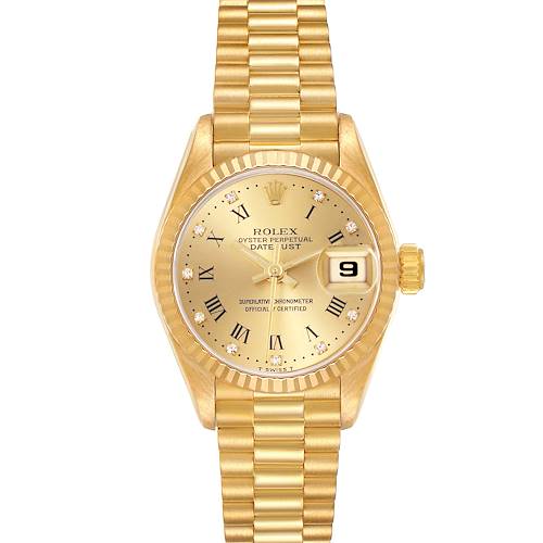 The Rolex President 69178 Women's Yellow Gold Champagne Dial 69178 Women's Yellow Gold Champagne Dial model watch is shown from a top view, highlighting the gold dial, Roman numerals, and fluted bezel.