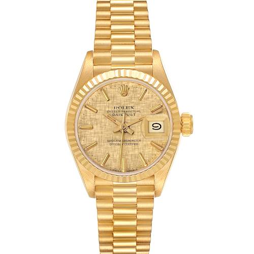 The Rolex President 69178 Women's Yellow Gold Champagne Dial 69178 Women's Yellow Gold Champagne Dial model is shown from a front angle, displaying the watch face, bracelet, and crown.