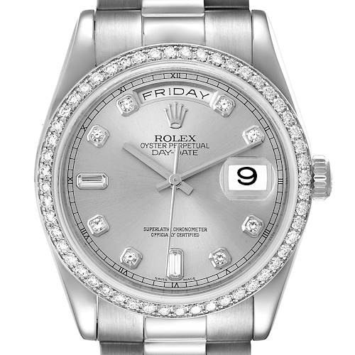 The image shows a front view of the Rolex President 118346 Men's Platinum Silver Dial 118346 Men's Platinum Silver Dial model watch, highlighting its diamond-encrusted bezel and day-date display.