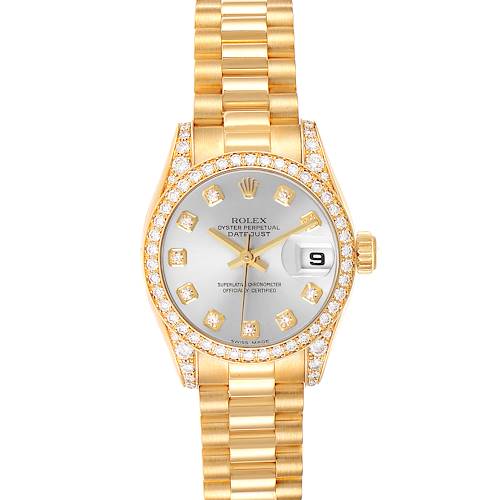 The Rolex President 179158 Women's Yellow Gold Silver Dial 179158 Women's Yellow Gold Silver Dial model watch shown is viewed from the front, highlighting its dial, bezel, and bracelet.