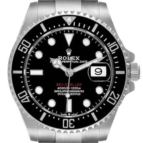 This image shows a front view of the Rolex Sea-Dweller 126600 Men's Stainless Steel Black Dial 126600 Men's Stainless Steel Black Dial watch, highlighting the dial, bezel, and date indicator.