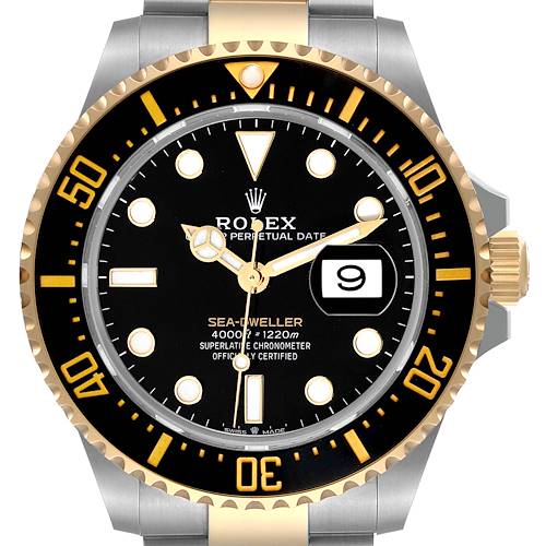 The image shows the front view of the Rolex Sea-Dweller 126603 Men's Steel and Gold (two tone) Black Dial 126603 Men's Steel and Gold (two tone) Black Dial watch, highlighting its bezel, dial, hands, and date window.