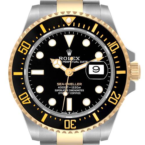 The image shows a front view of the Rolex Sea-Dweller 126603 Men's Steel and Gold (two tone) Black Dial 126603 Men's Steel and Gold (two tone) Black Dial watch, highlighting its dial, bezel, and part of the bracelet.