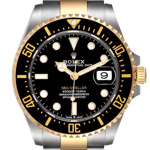 The image shows the front view of a Rolex Sea-Dweller 126603 Men's Steel and Gold (two tone) Black Dial 126603 Men's Steel and Gold (two tone) Black Dial watch, highlighting the dial, bezel, date display, and part of the bracelet.