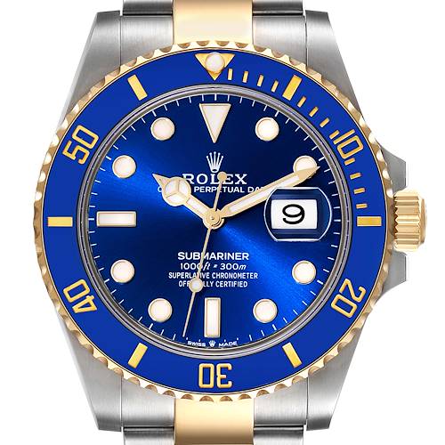 The Rolex Submariner 126613 Men's Steel and Gold (two tone) Blue Dial 126613 Men's Steel and Gold (two tone) Blue Dial watch is shown from the front, displaying the blue dial, bezel, gold accents, and date window.