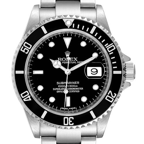 This image shows a front view of the Rolex Submariner 16610 Men's Stainless Steel Black Dial 16610 Men's Stainless Steel Black Dial, displaying the dial, bezel, hands, and date window.