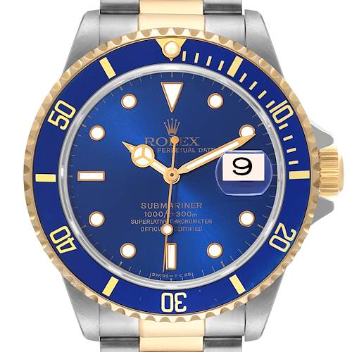 The image shows a frontal view of the Rolex Submariner 16613 Men's Steel and Gold (two tone) Blue Dial 16613 Men's Steel and Gold (two tone) Blue Dial watch, highlighting the dial, bezel, and part of the bracelet.